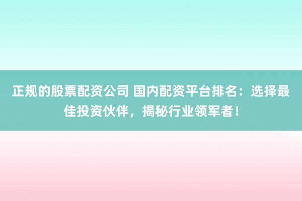 正规的股票配资公司 国内配资平台排名：选择最佳投资伙伴，揭秘行业领军者！